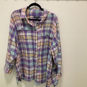 Lands End Linen Button Down Purple Plaid Women’s 3X
